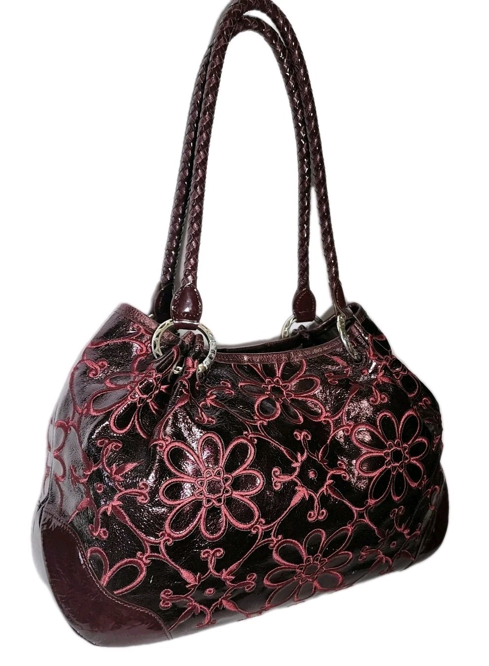 BRIGHTON VALENCIA BLACK CHERRY FLORAL EMBROIDERED TASSELED HANDBAG SHOULDER BAG