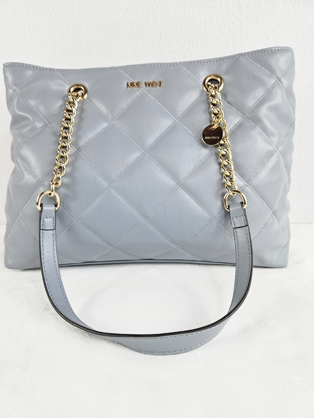 Nine West Sidonie Quilted Carryall Tote Bag Blue Grey Gold Chain Strap Shoulder