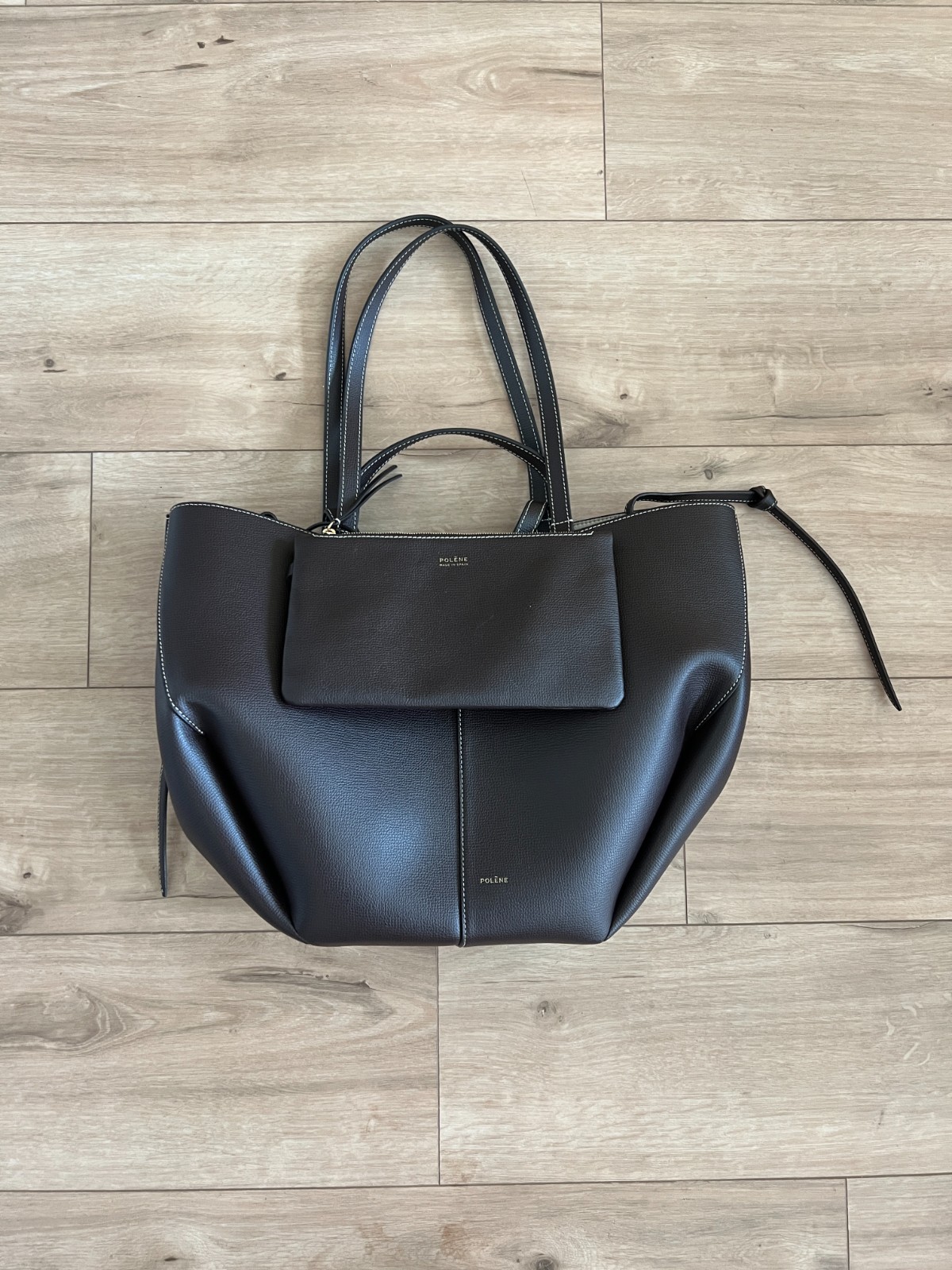 Polène Cyme Mini Textured Ebony Leather Tote Bag