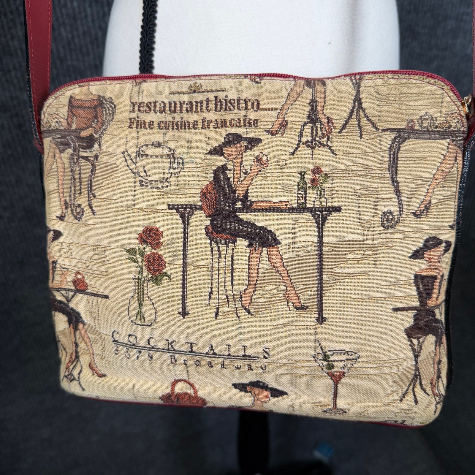 Vintage Tapestry Crossbody Bag Beige Red French Bistro Cocktails Chocolate Retro