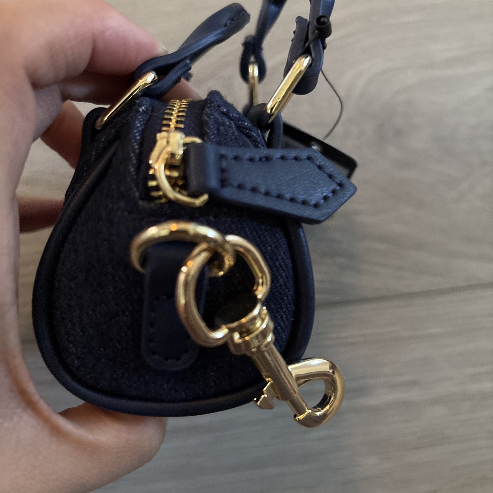 NWT GUESS Micro Bag in blue denim mini bag charm key chain gold hardware keyring