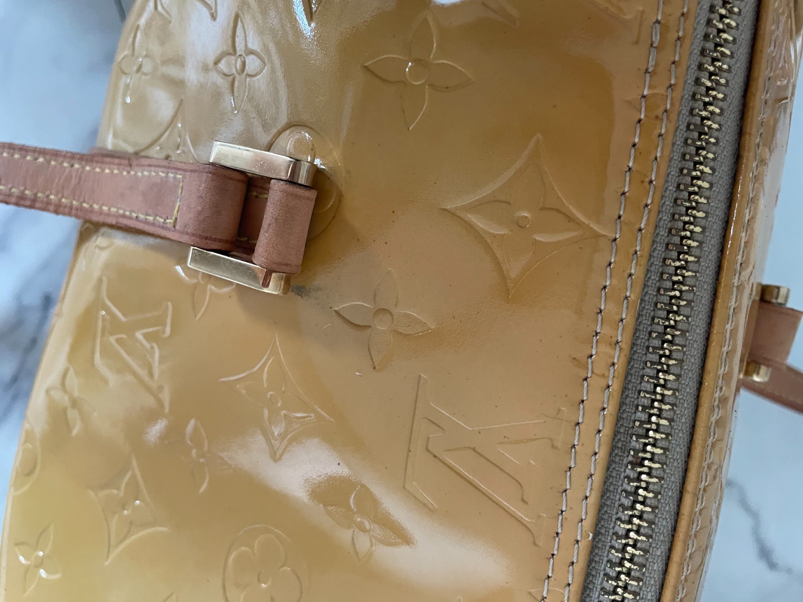 LOUIS VUITTON Bedford Monogram Vernis Yellow Patent Leather Handbag M91006 0717