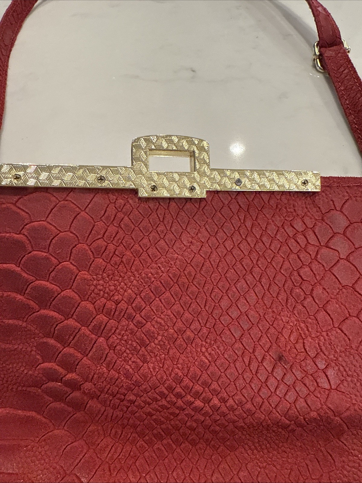 Sofia C. Satchel Purse Bag Red Leather Reptile Made In Italy, 9 x 7 x 1″