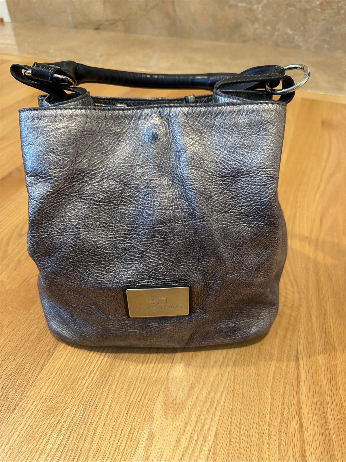 Puntotres Spain Metallic Grey Genuine Leather Bucket Purse w/ Black strap