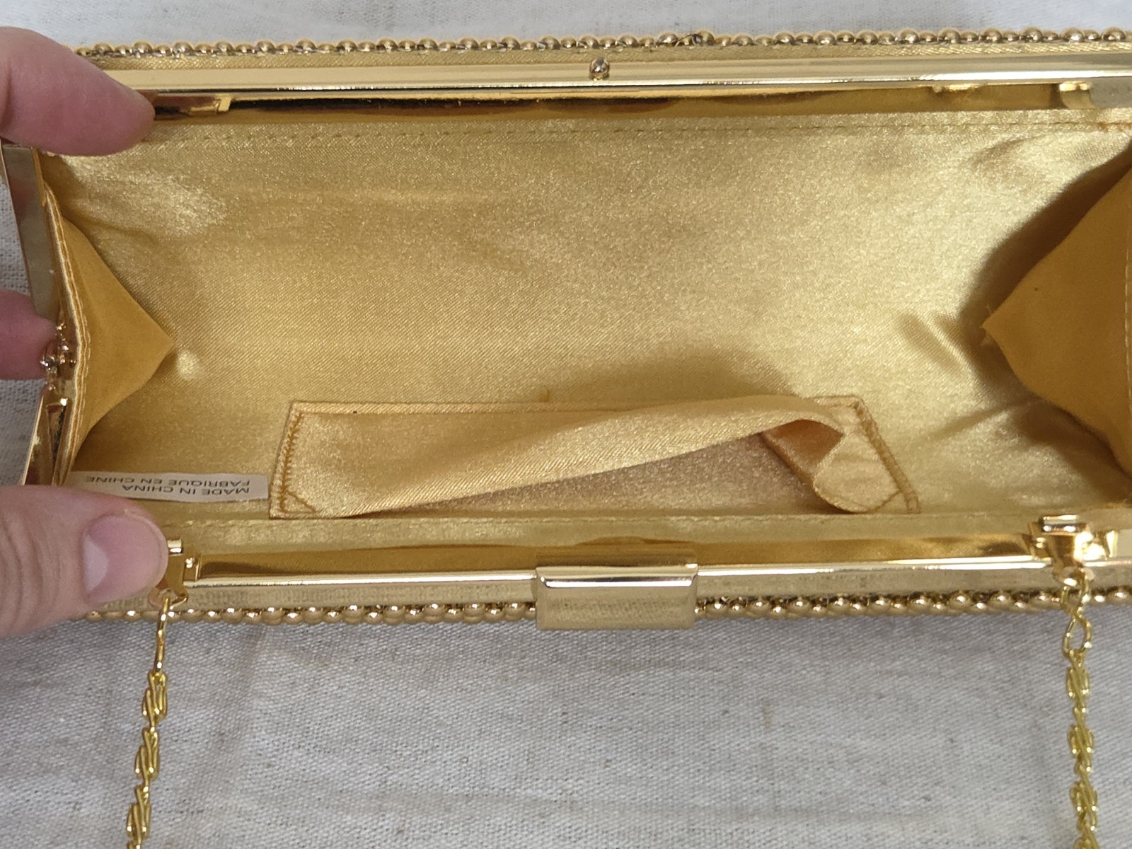 Gold Beaded Clutch Evening Bag Rhinestone Accent Chain Strap Vintage