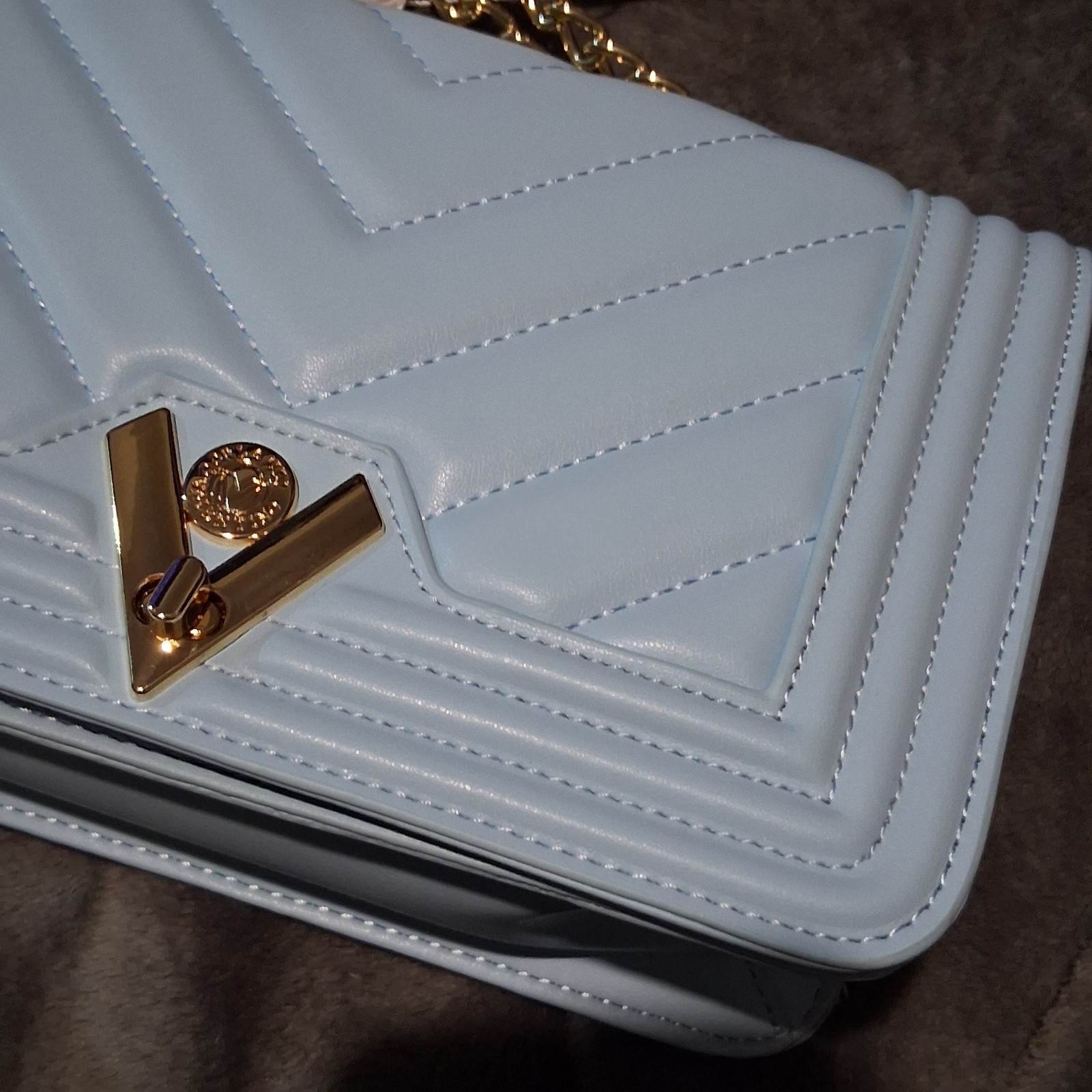 Valentino Orlandi Quilted Crossbody Shoulder Bag Baby Blue Gold Hardware NWT