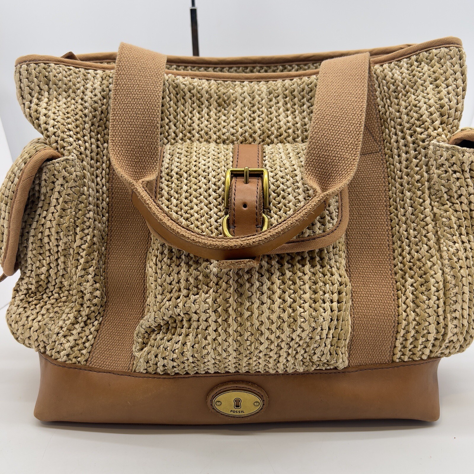 Fossil Handbag Large Weekend Raffia Natural Tote Bag Tan Leather Trim