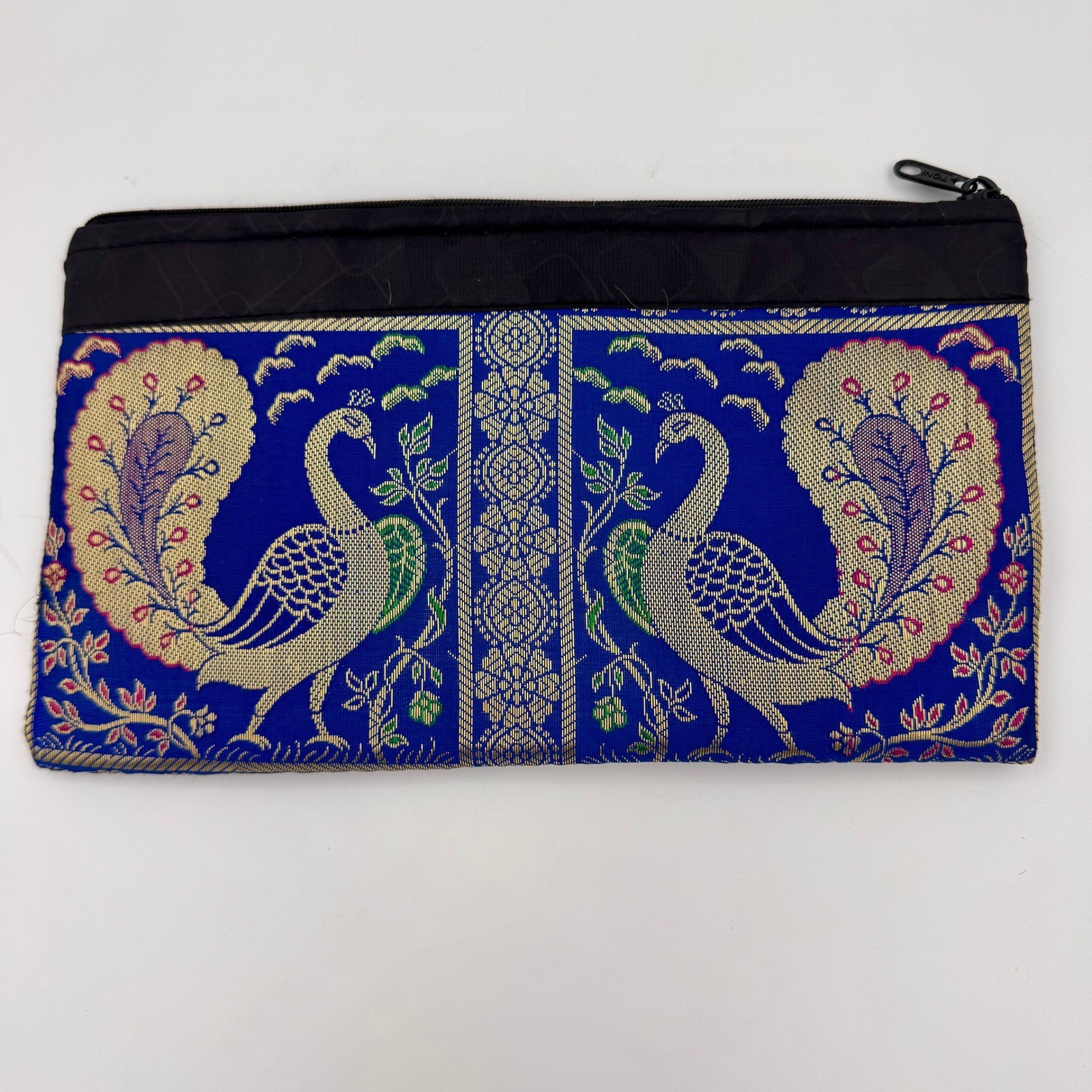 Classical Movements Royal Blue Banarasi Silk Brocade Peacock Zipper Pouch