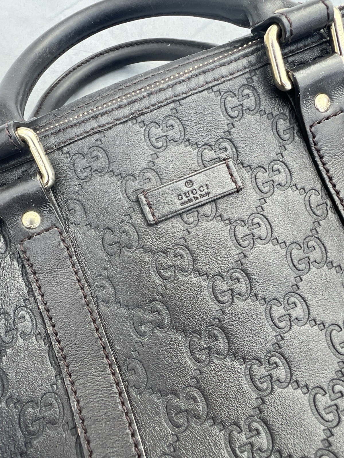 Gucci Guccissima Black Leather Boston Bag Large Satchel Handbag Italy Auth