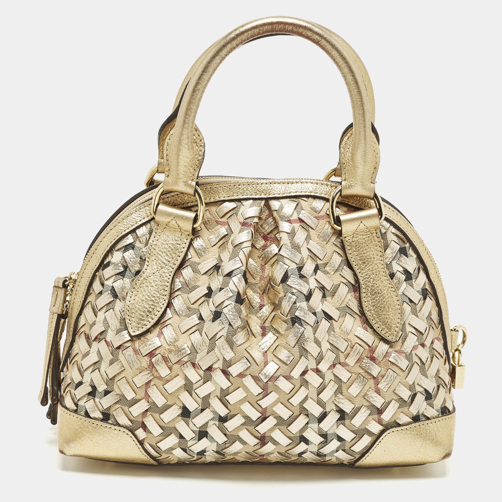 Burberry Thornley Small Gold Woven Haymarket Check PVC and Leather Satchel