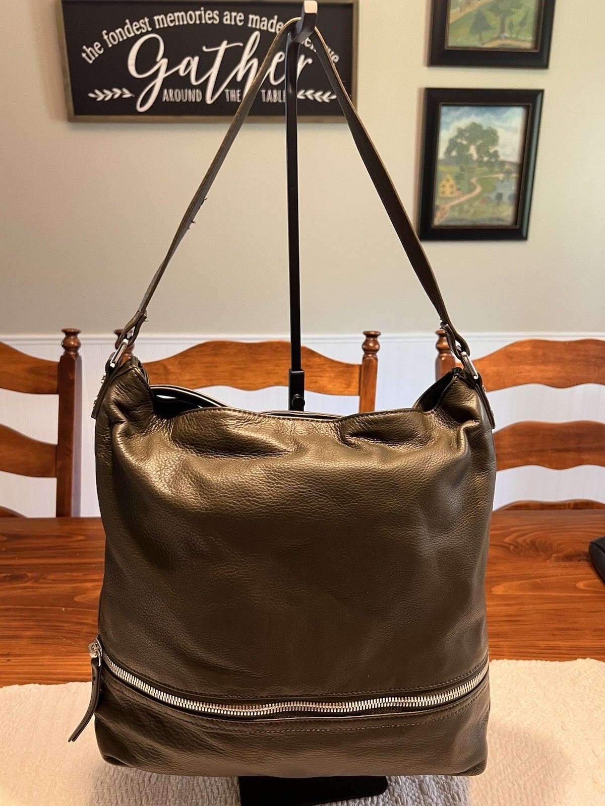 Margot Green Pebbled Shoulder Bag Front Zip Pocket Silver Hardware Lined Adj