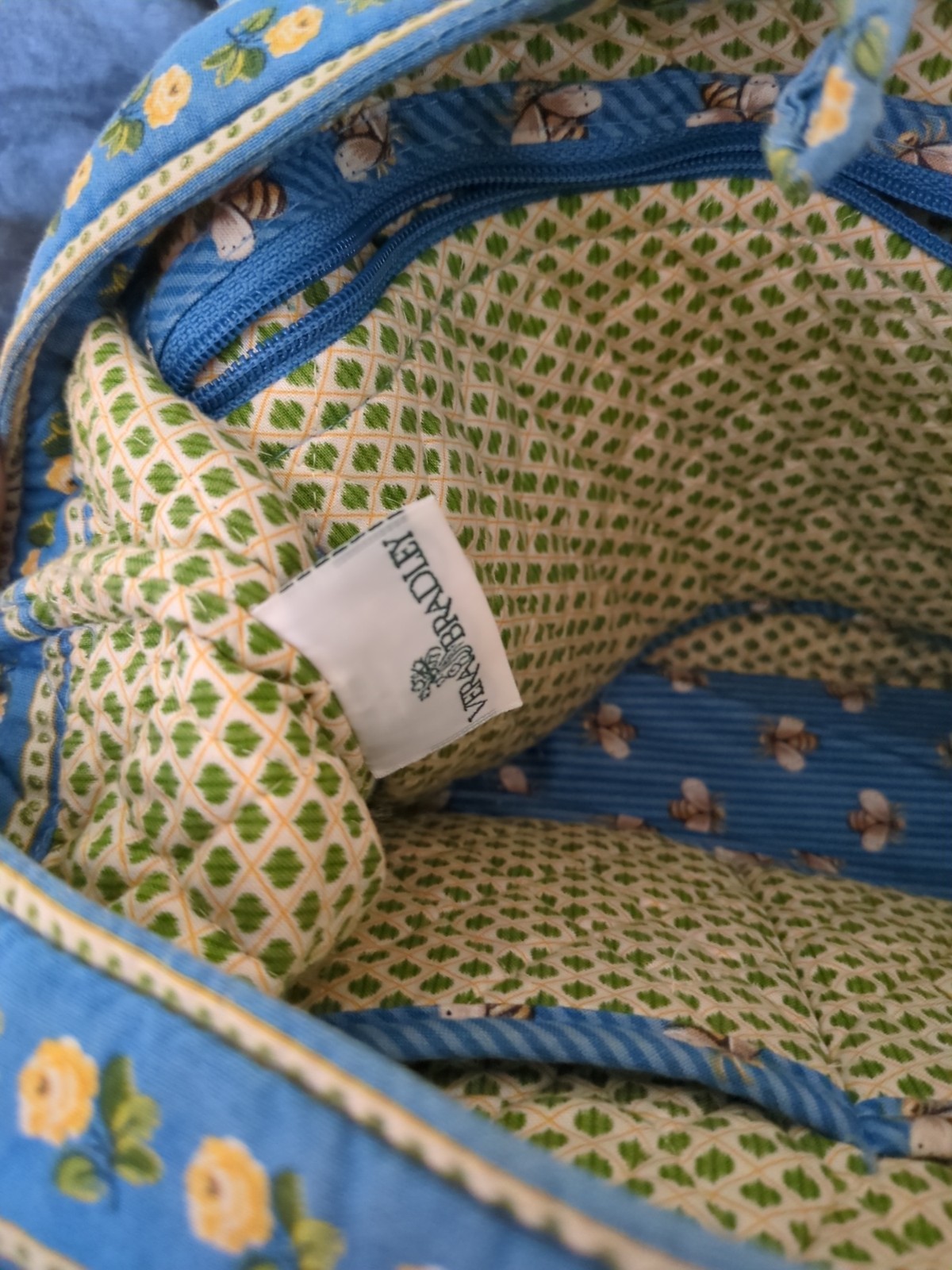 Vintage Vera Bradley BEES Quilted Tote Bag Blue Stripe Yellow Rose Rare Retired