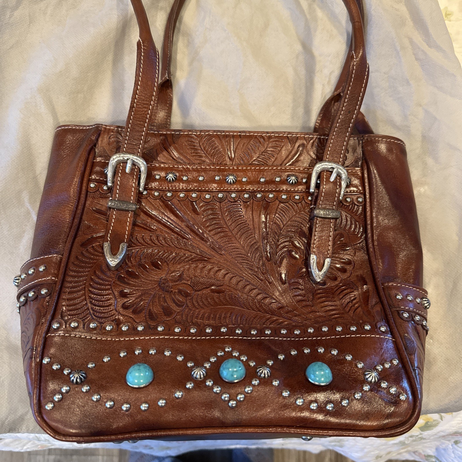 American West Tooled Leather Tote Bag with Turquoise and Stud Accents