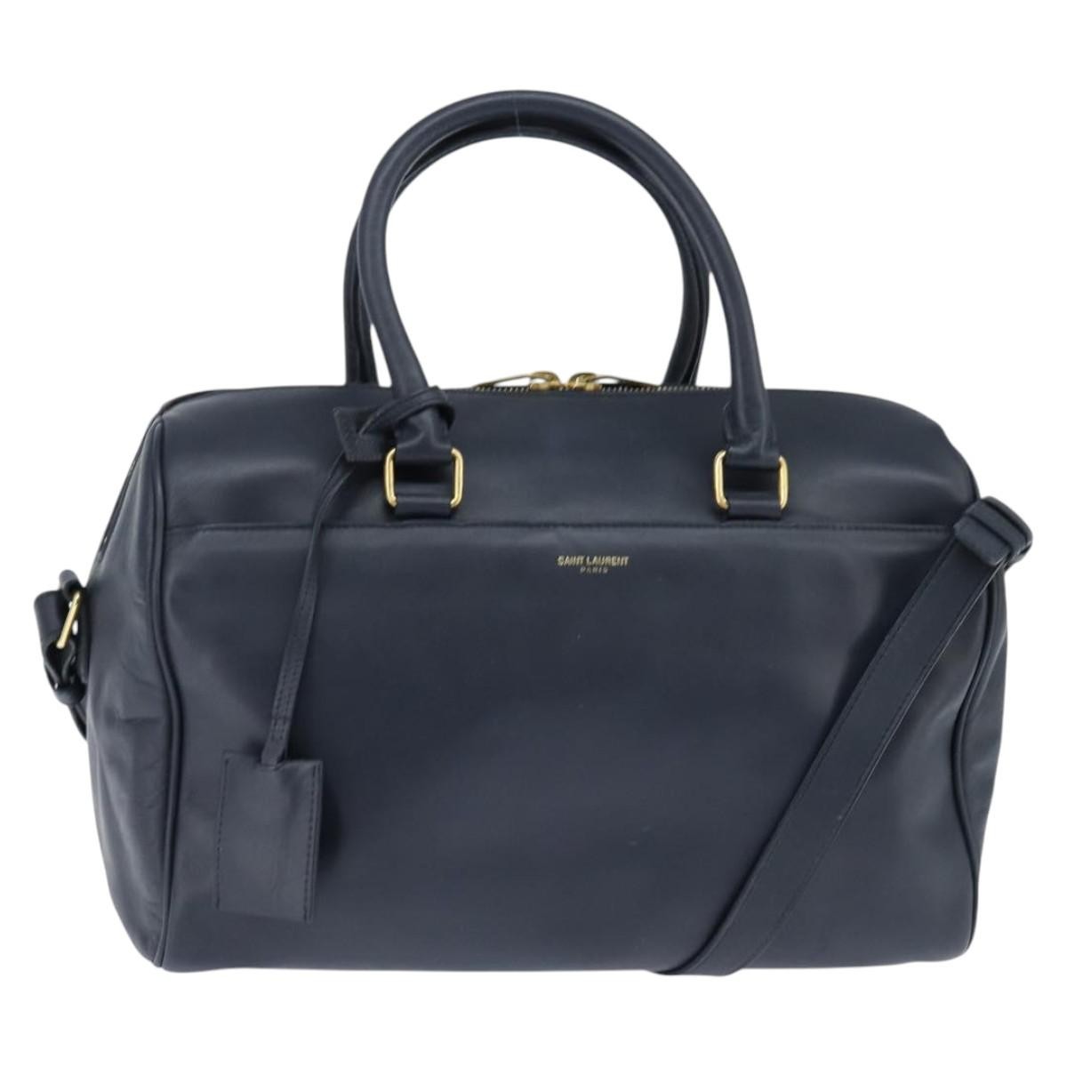SAINT LAURENT Mini Boston Bag Leather 2way Navy Gold Auth bs30084