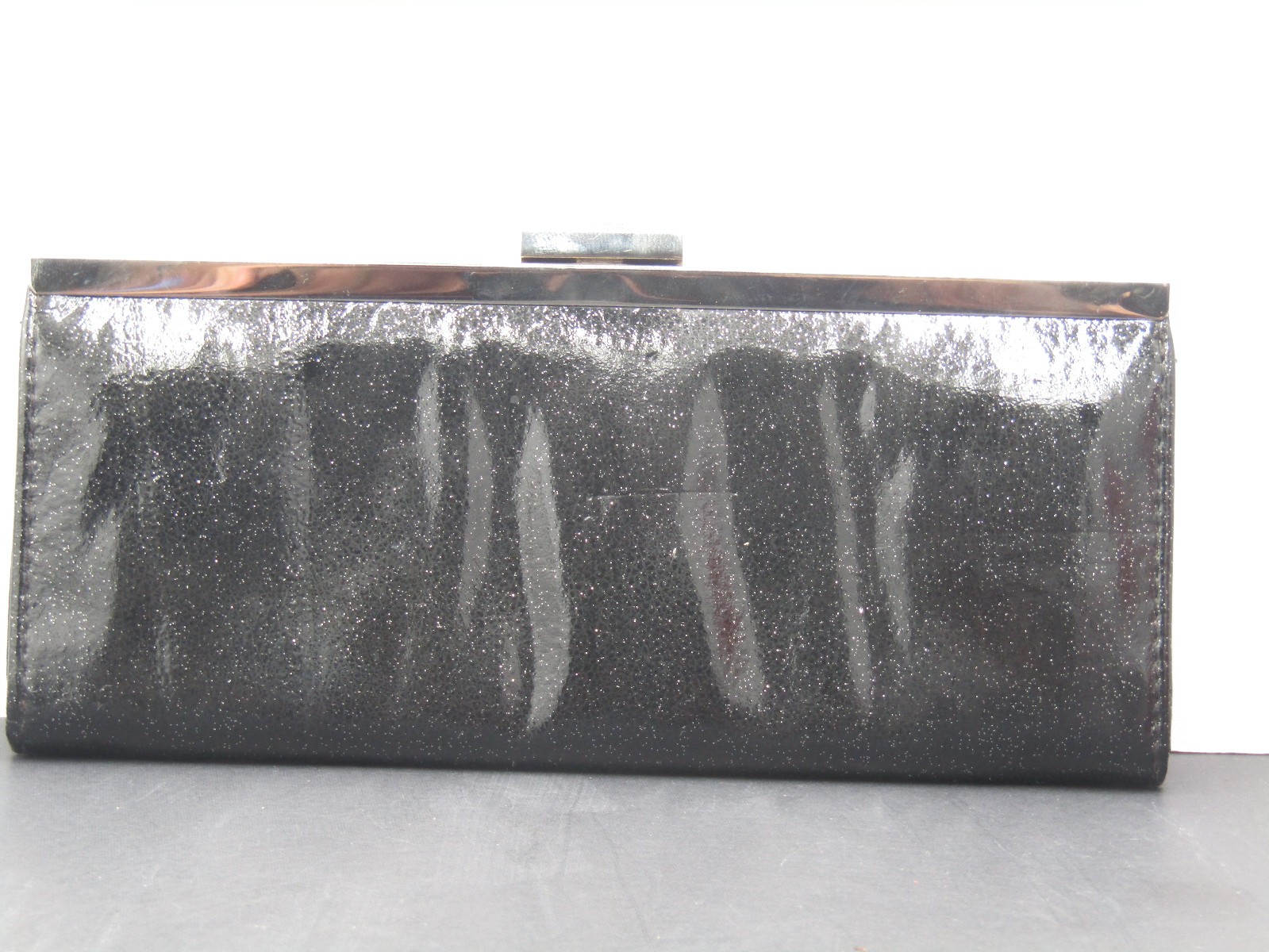 Black Evening Clutch Glittery Finsh Top Latch Purse Card & Zippered Compartments