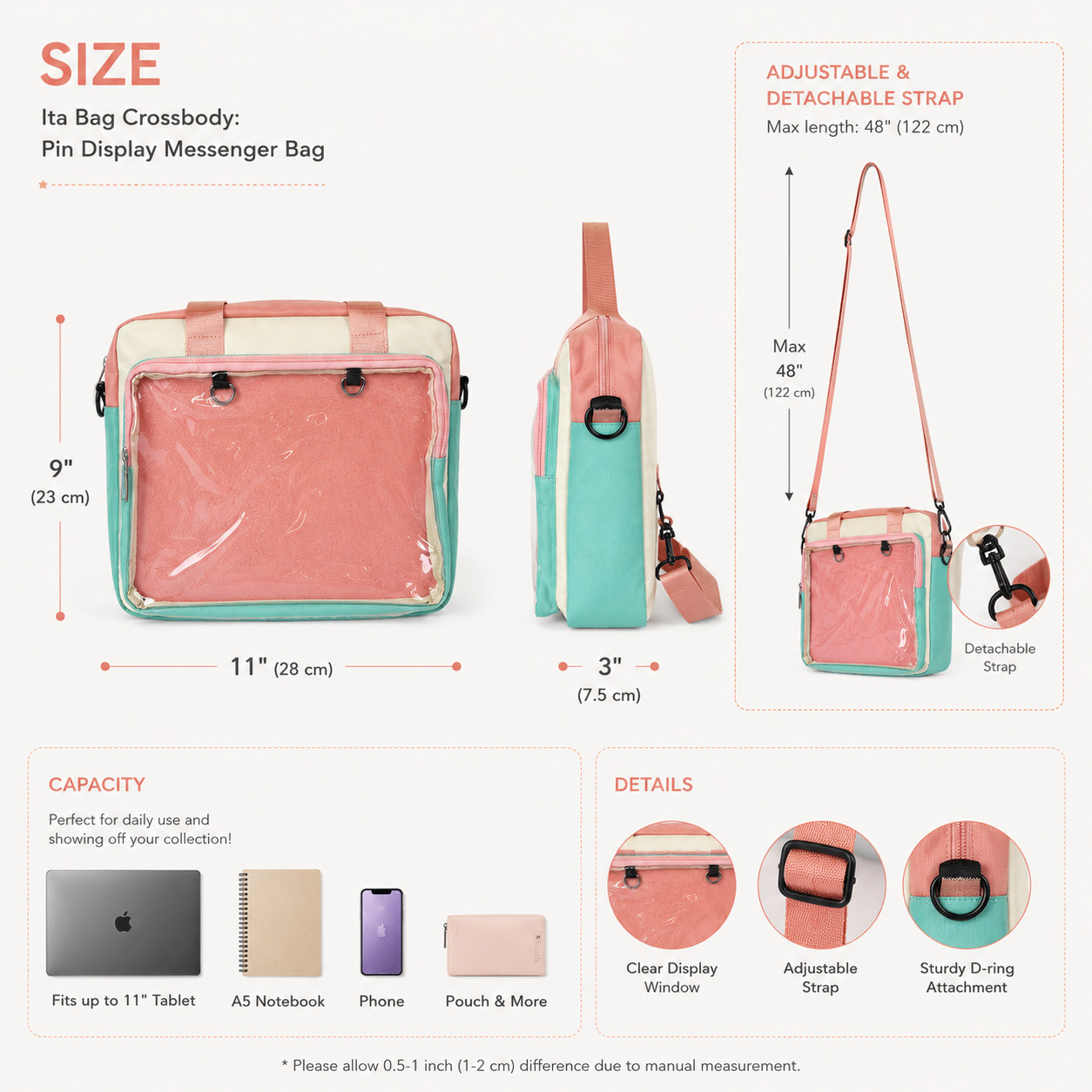 Kawaii Ita Bag Crossbody Messenger Bag, Anime Pin Display Purse, Window itabag
