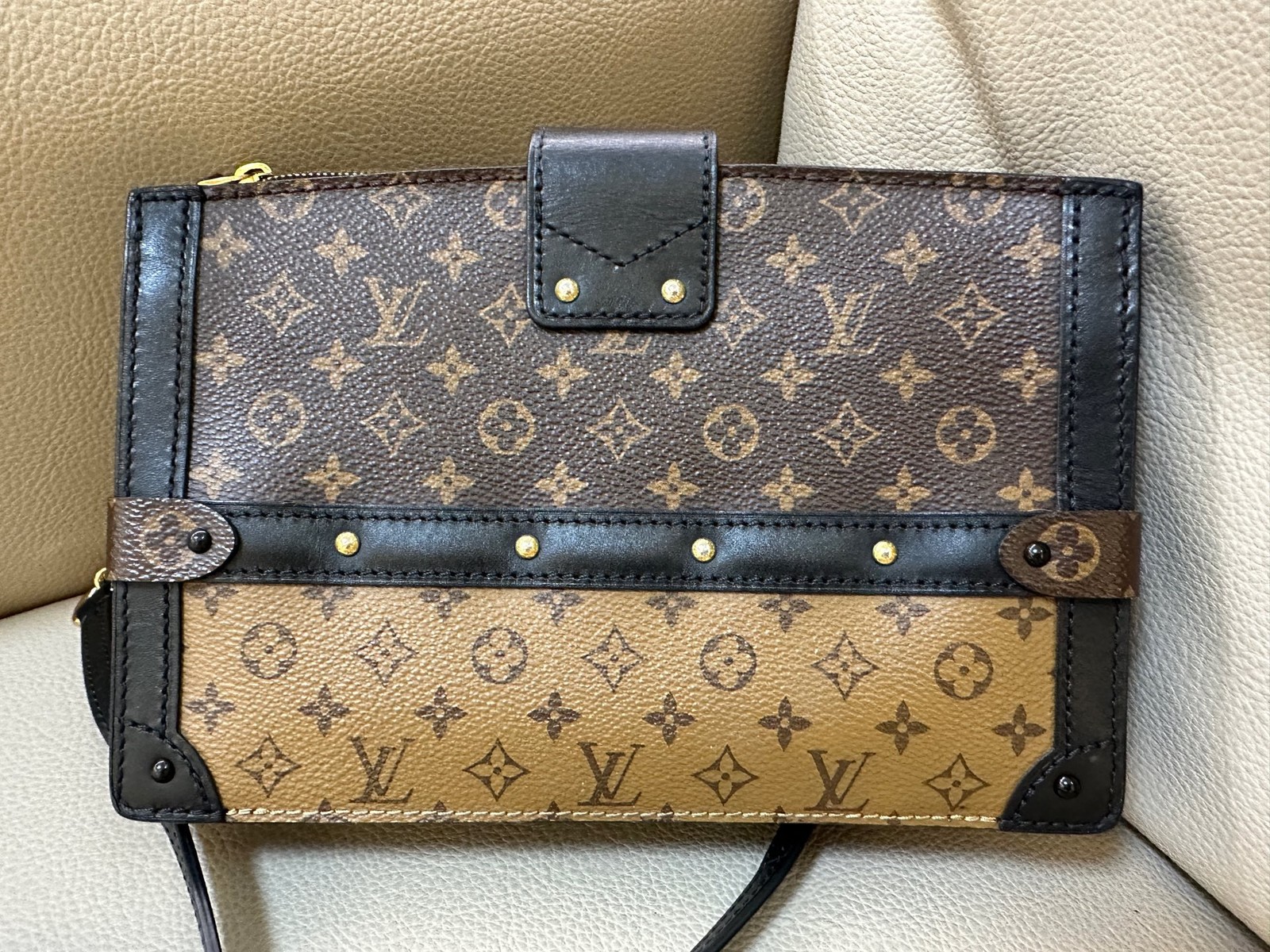 Louis Vuitton Trunk Clutch Monogram Canvas Brown Leather Crossbody Bag Authentic