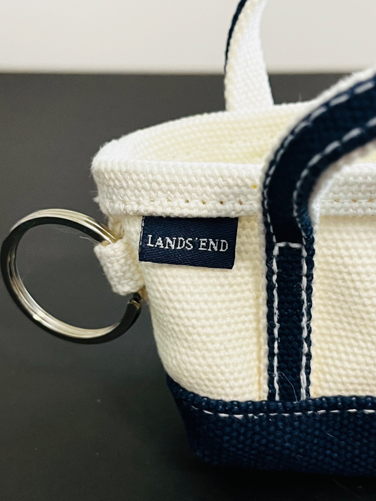 Lands End Micro Canvas Tote Bag Key Chain Bag Charm Navy Blue & Off White