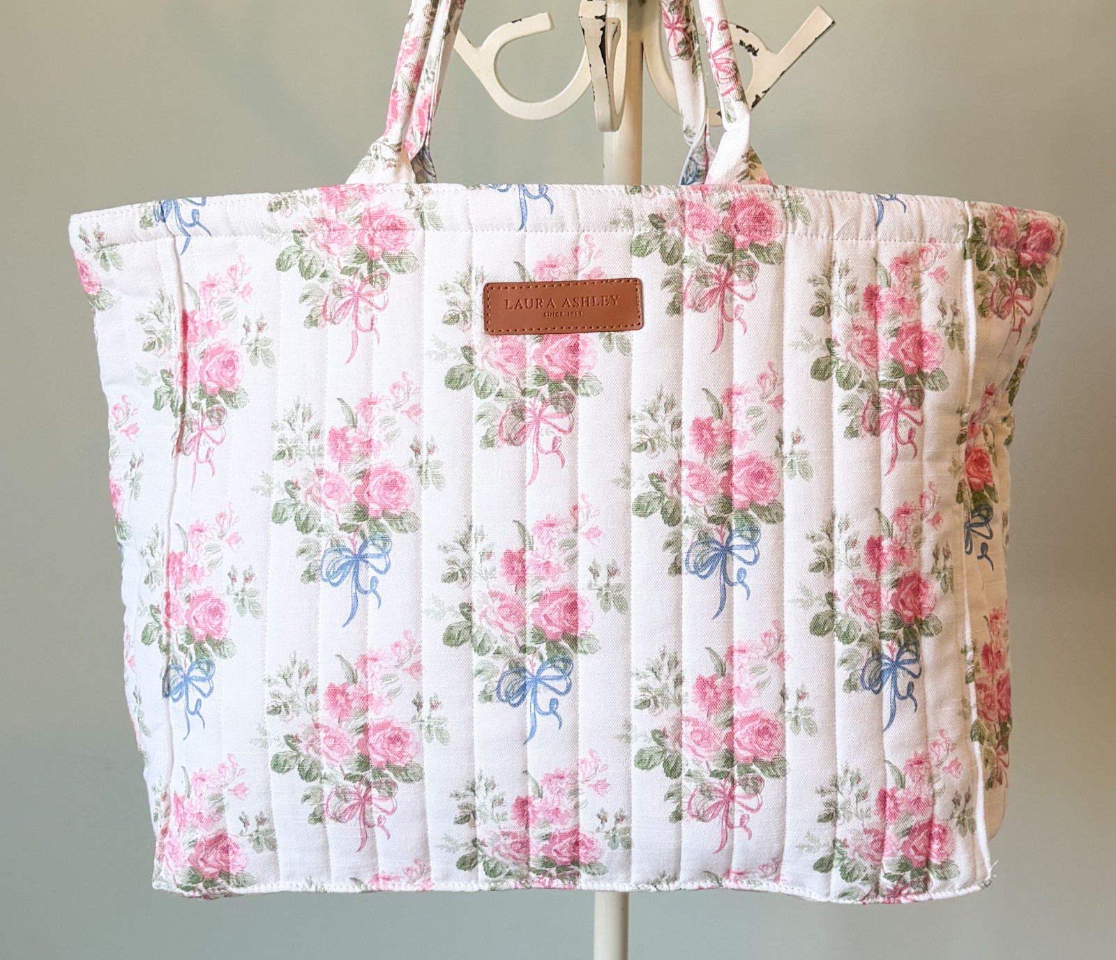 Laura Ashley Melany Quilted Floral Tote Bag Pink Roses Bows Cottagecore NWT