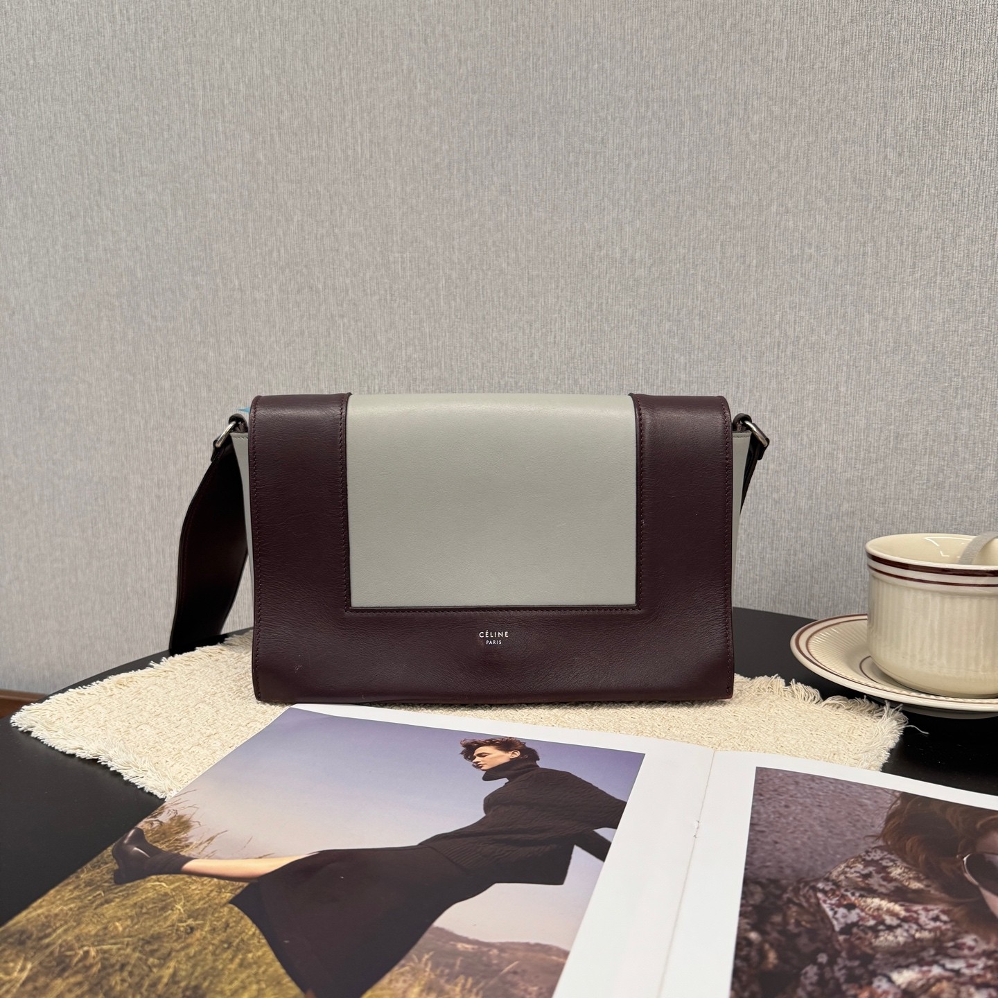 Celine Frame Normal Burgundy Light Gray Calfskin Shoulder Crossbody Bag US Ship