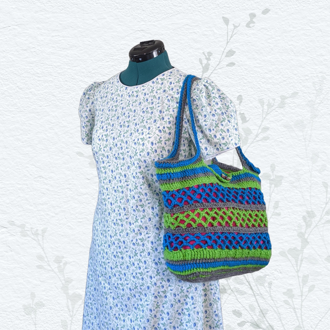 Crochet Tote Bag • Handmade in the USA • Green Blue & Pink with Butterfly Button