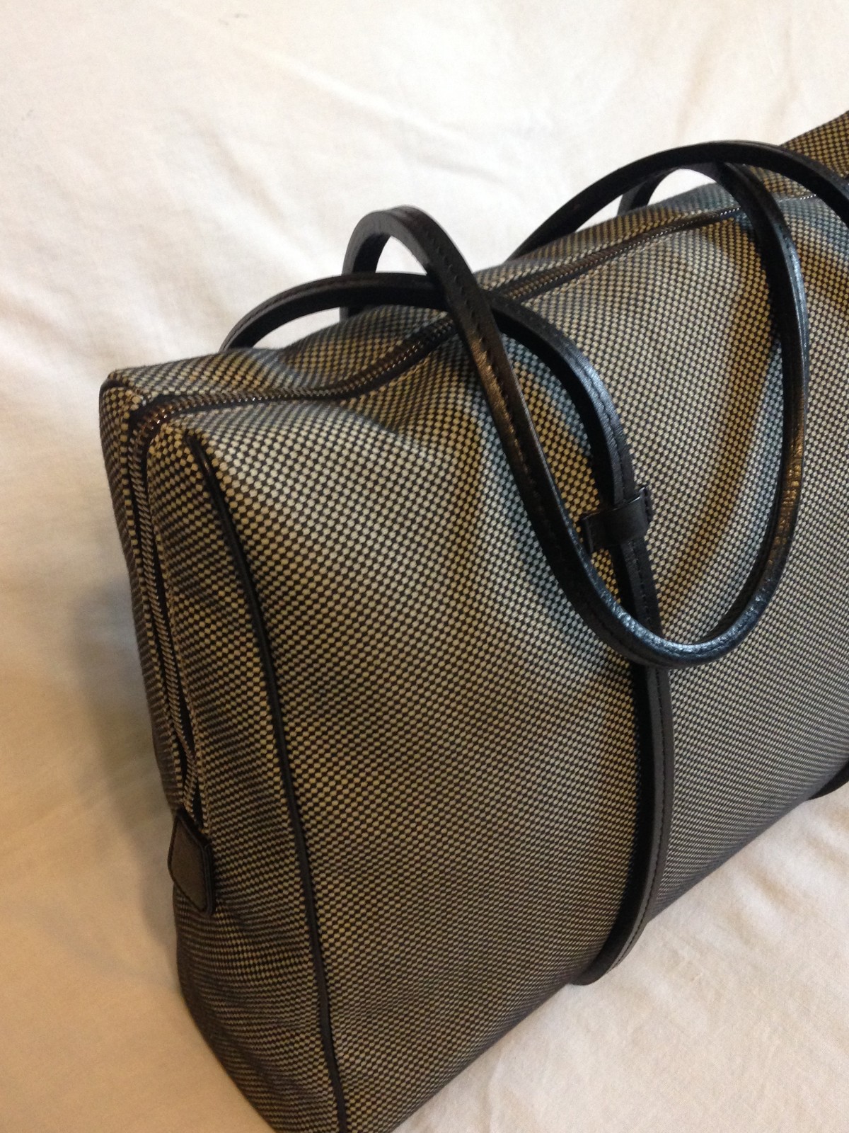 BALLY BLACK & WHITE MICRO-CHECK CANVAS /LEATHER TRIM TOTE SHOULDER HANDBAG