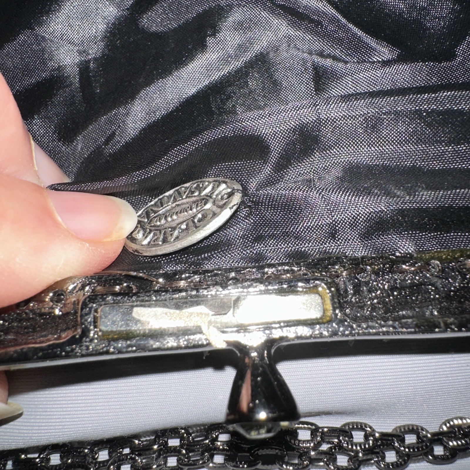 Vintage Clara Kasavina Crystal Embellished Clutch Chain Strap Blk Exotic Leather