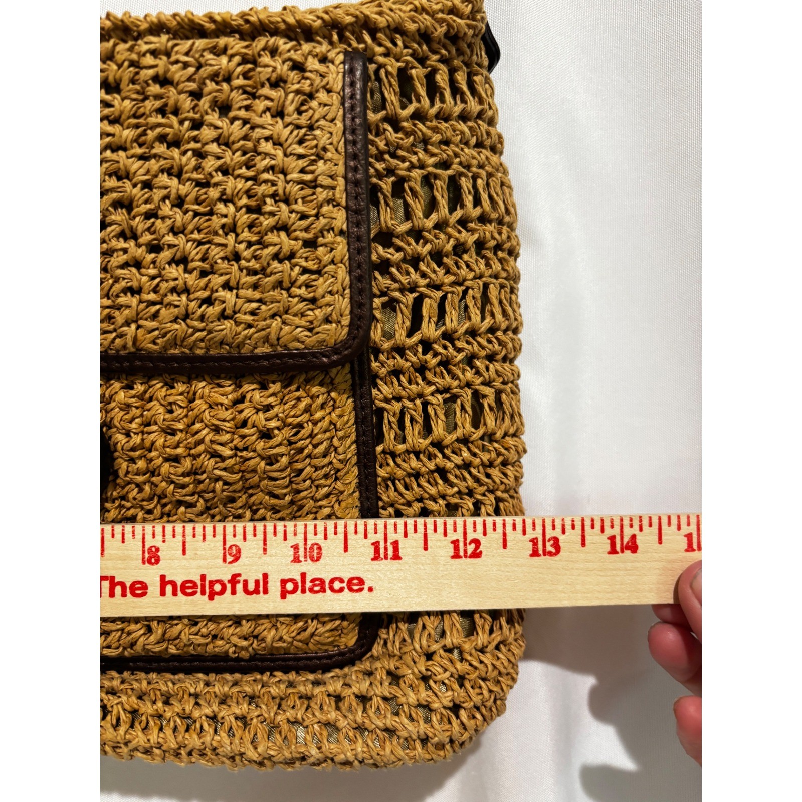 Brighton Woven Raffia Straw Crossbody purse Bag Tan Wood Buttons Heart Logo boho