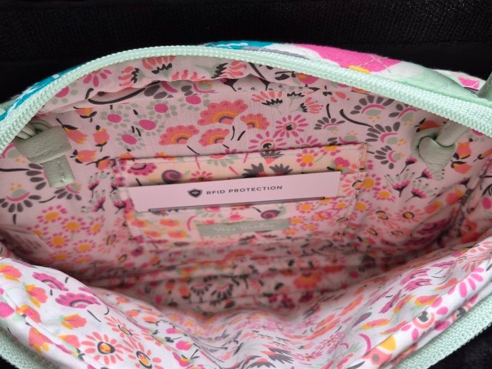 Vera Bradley Iconic RFID Little Crossbody, Mint Flowers, New W/Tags
