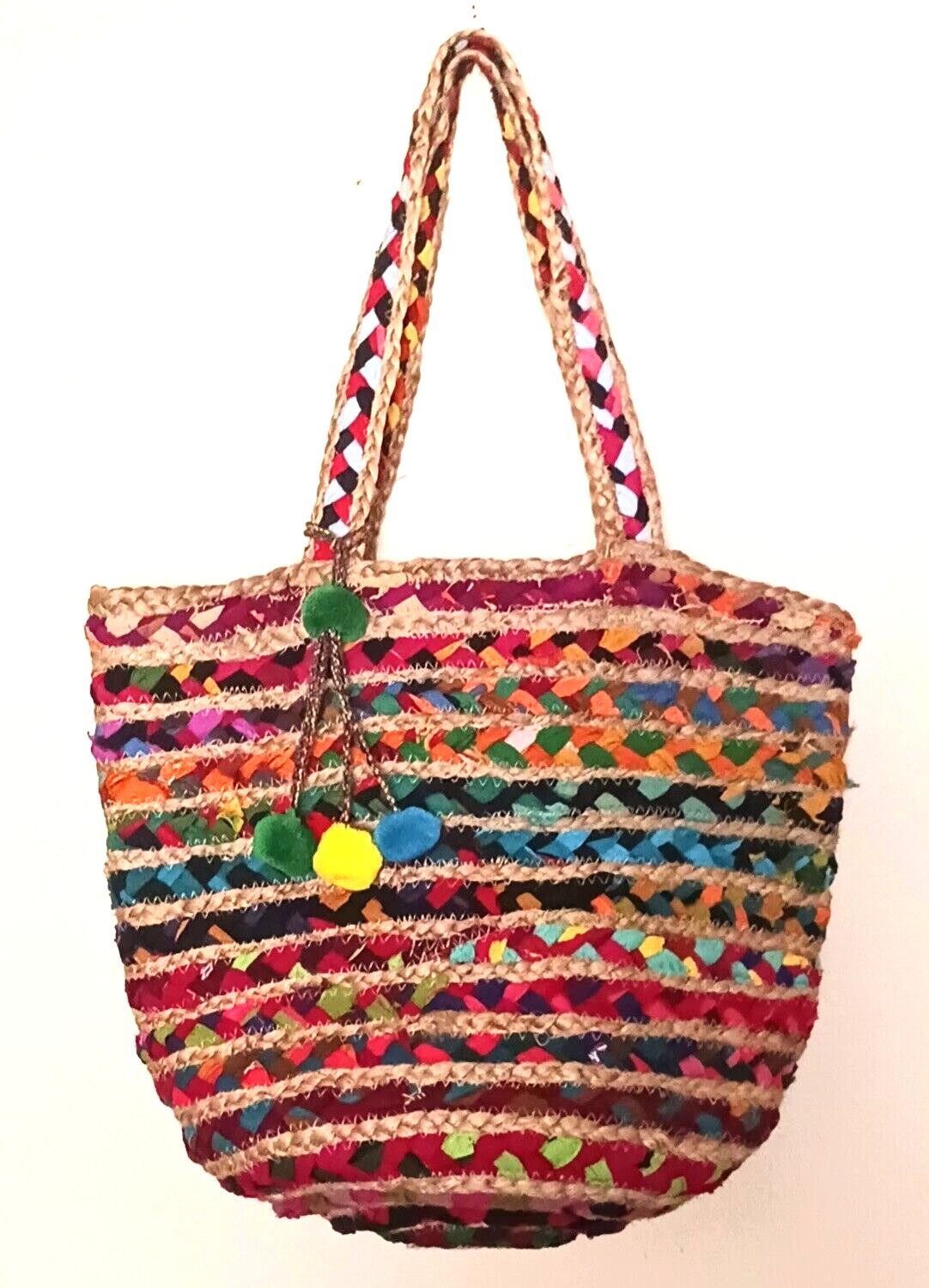 NEW America & Beyond XL Jute Beach /Market Tote Bright Multicolor Cotton Weave
