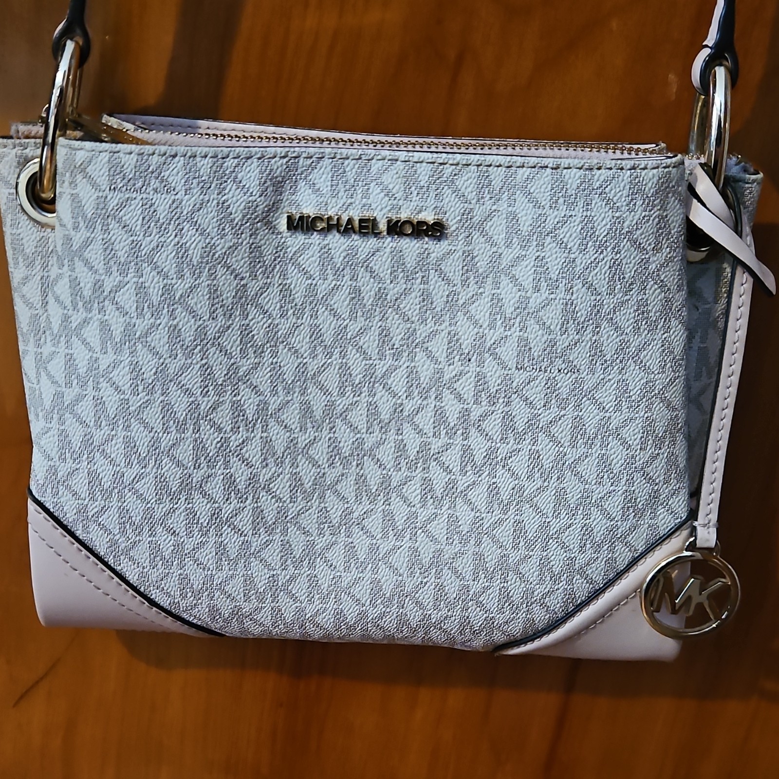 Michael Kors Signature Logo Zip-Top Crossbody Bag Small Gray/White Gold