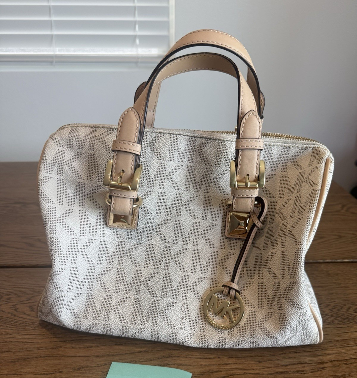 Michael Kors Signature Logo Medium Satchel Zip Top Beige Gold Bag Charm