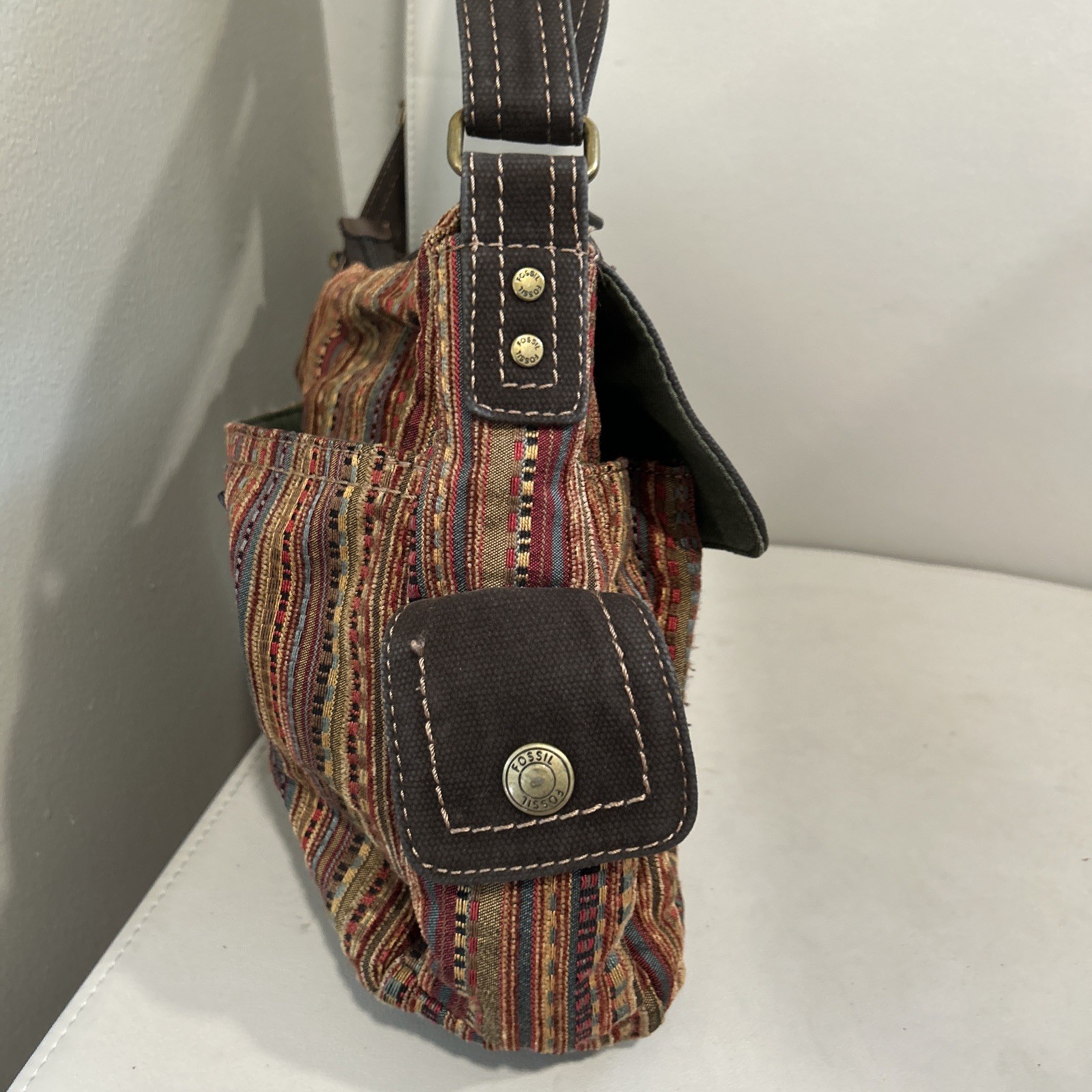 Fossil Multi-color Stripe Canvas Suede Flap Messenger Cross-body Bag BOHO Browns
