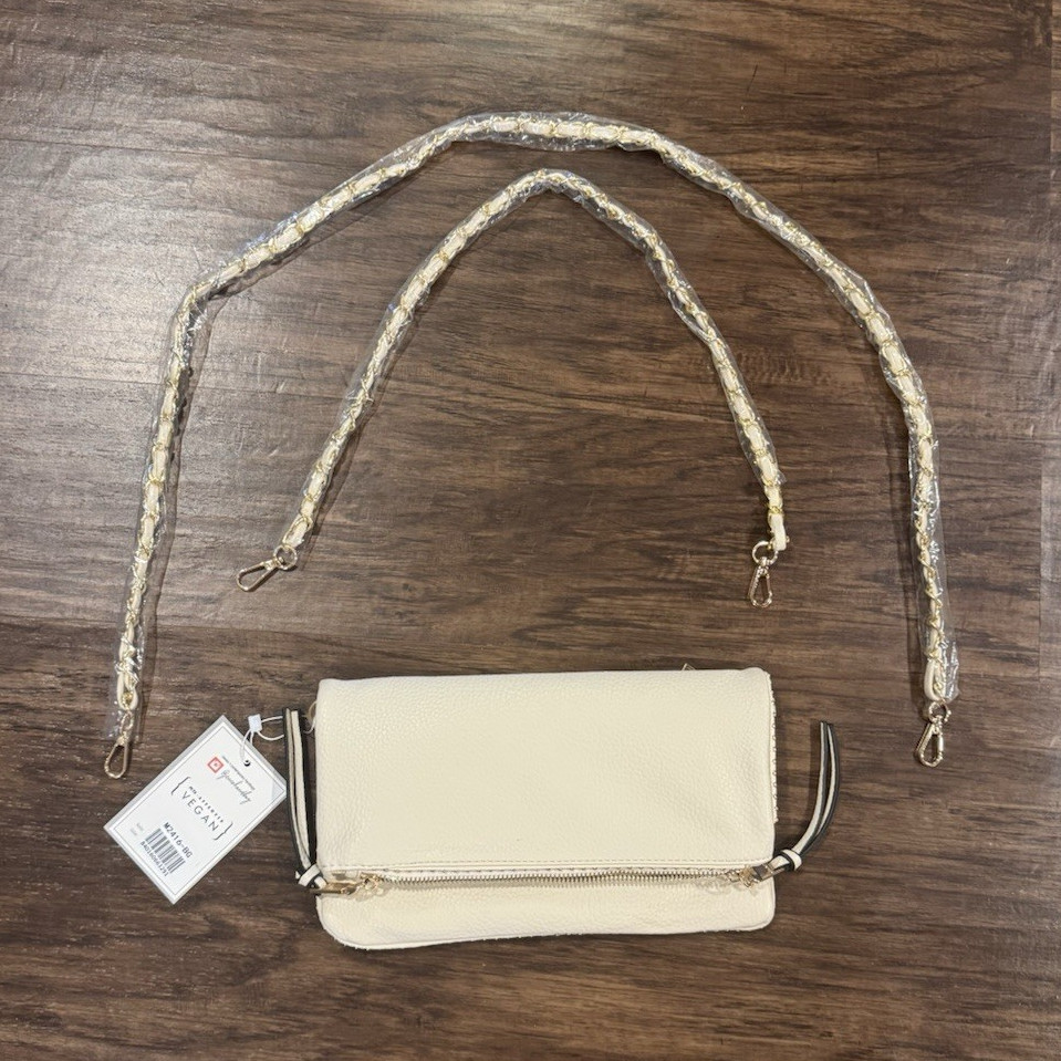 Jen & Co. Women’s Beige Solid Crossbody Bag, Zip Closure, Gold Chain Strap