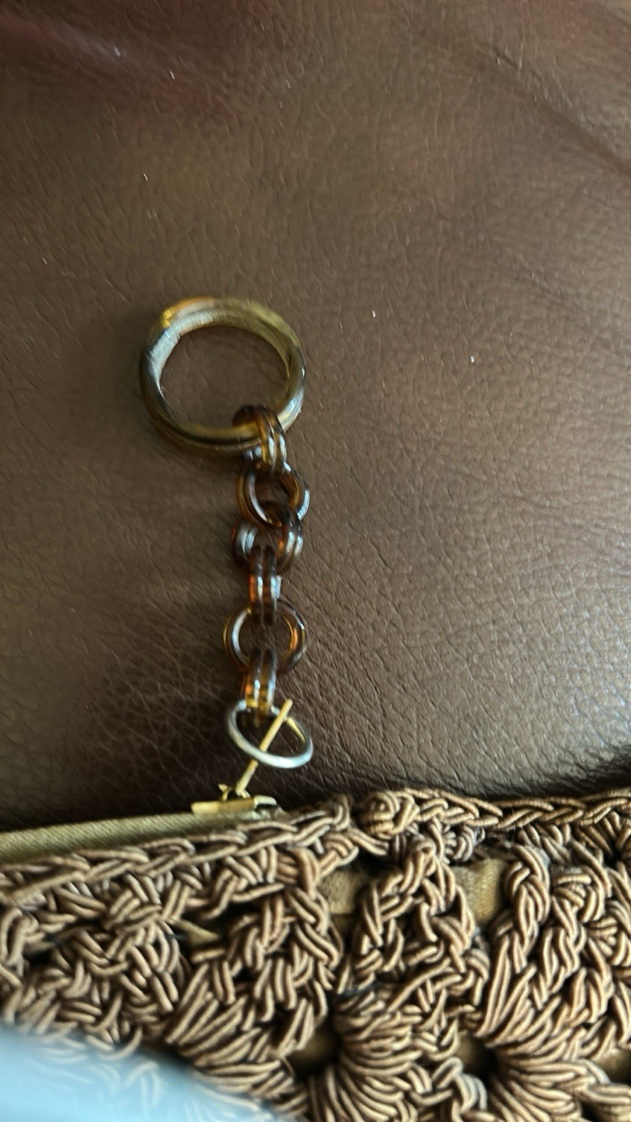 Brown Crochet Top Handle Bag Zip Closure Tortoise-Style Handle Gold Charm.