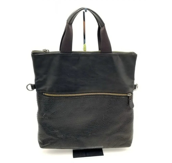 Coach Charles Black Fold Over Whipstitch Detail Leather Tote W/Zip Top Closure