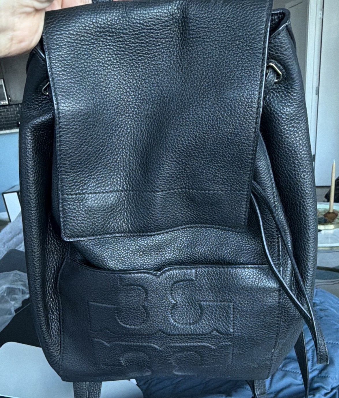 Tory Burch Black Small Backpack Drawstring Logo Adjustable Straps 12.2×9.1″