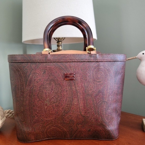 Vintage Etro Paisley Top Handle Tote Brown Coated Canvas Leather Italy