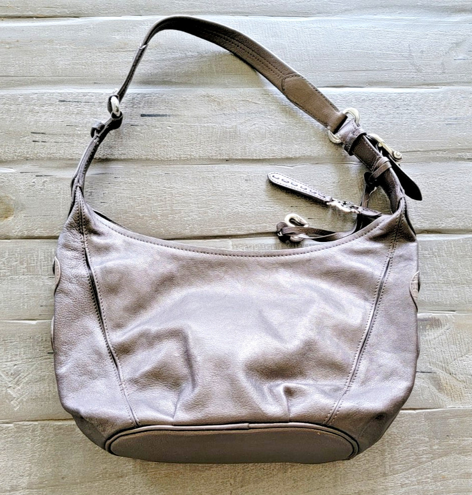 Brighton Nikki Grey Brown Leather Lace Applique Heart Charm Shoulder Purse Bag