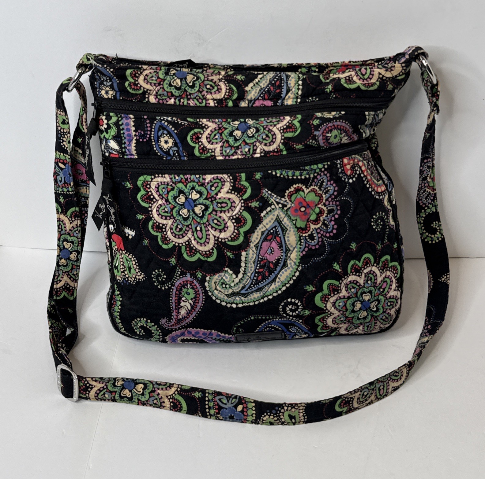 Vera Bradley Triple Zip Hipster Crossbody Bag Black Paisley Quilted Cotton