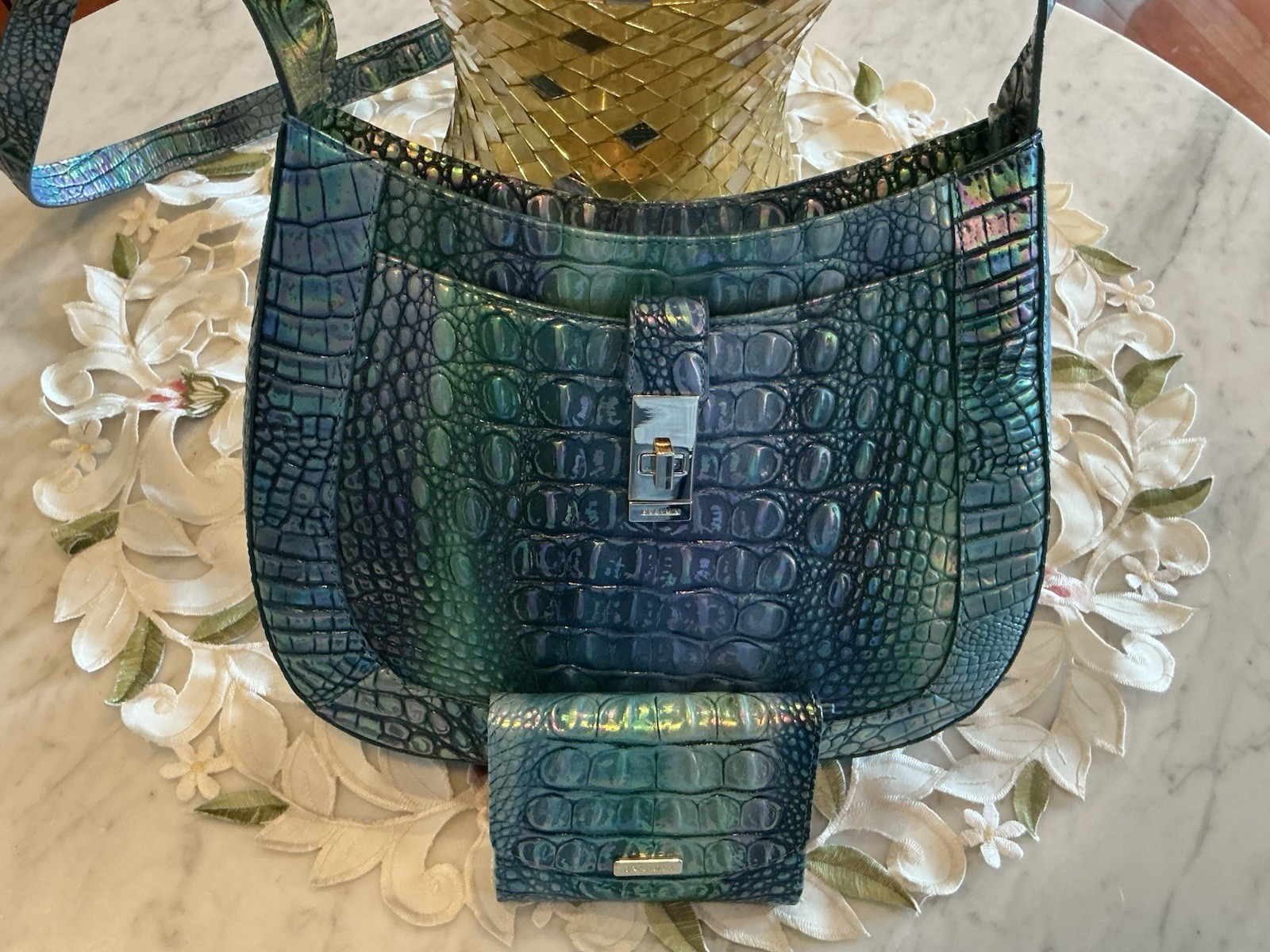 BRAHMIN Eye Catching BLUE TOPAZ OPALESCENT IRIDESCENT Sm JOHANNA and WALLET NWT