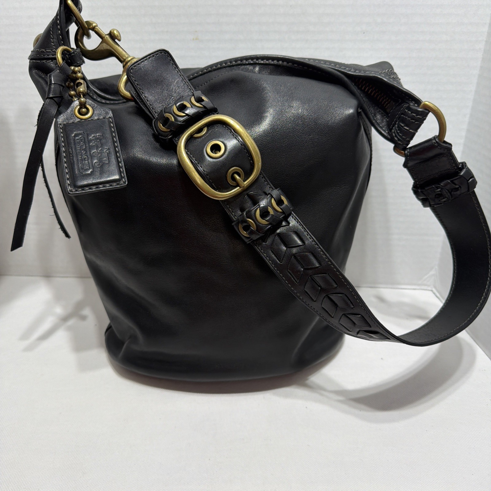 COACH 11423 Bleecker Tattersall Large WOMEN BUCKET Duffle Shoulder Black Bag