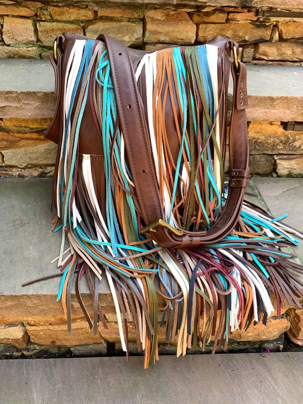Brown leather rainbow festival boho Southwest LONG fringe crossbody bag USA