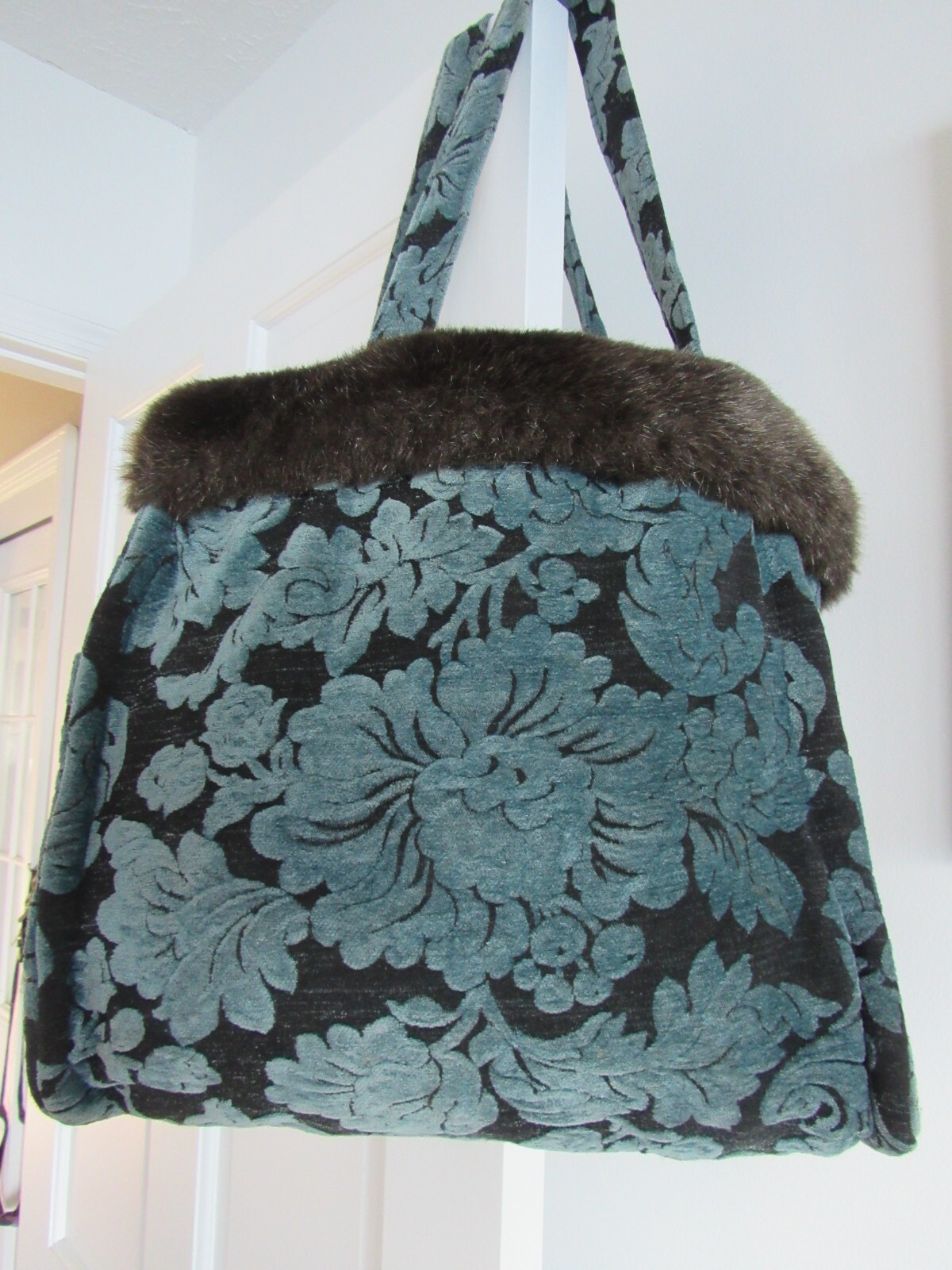 Vintage Handmade Thick Brocade Fabric Blue Flowers Faux Fur Handbag Shoulder Bag