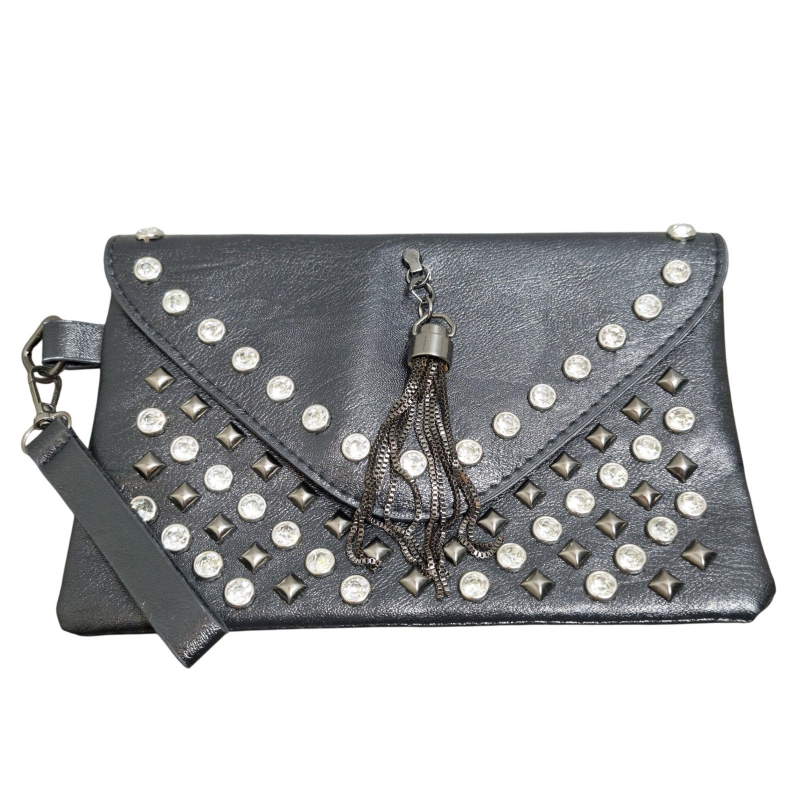 Black Faux Leather Studded Rhinestone Wristlet Clutch with Chain Tassel Edgy