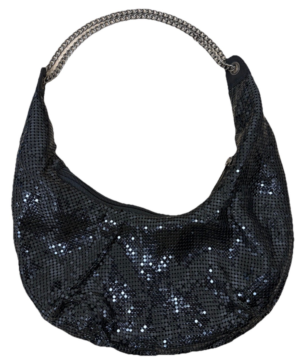 Max Mayer Black Beaded Boho Evening Bag Metal Chain Strap Metalic Mesh Like