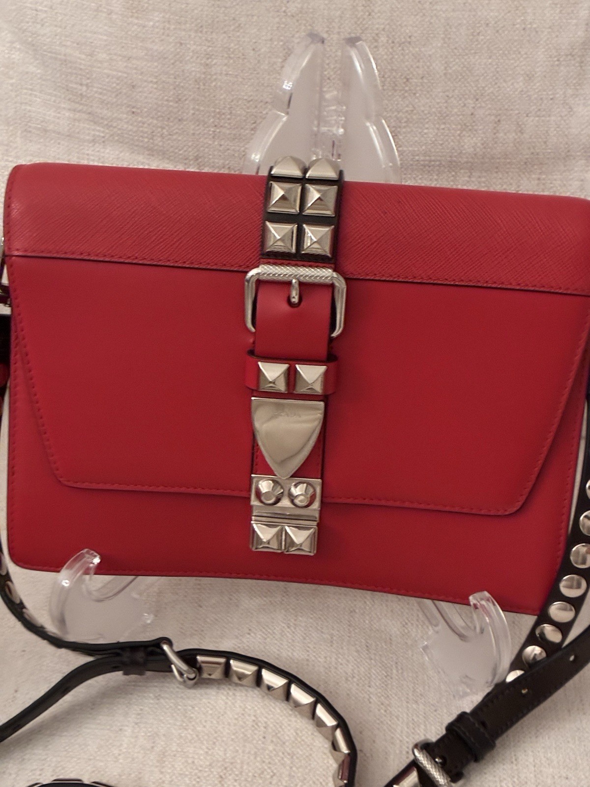 Prada Studded Red Black Shoulder Bag with Detachable Strap & Buckle Closure