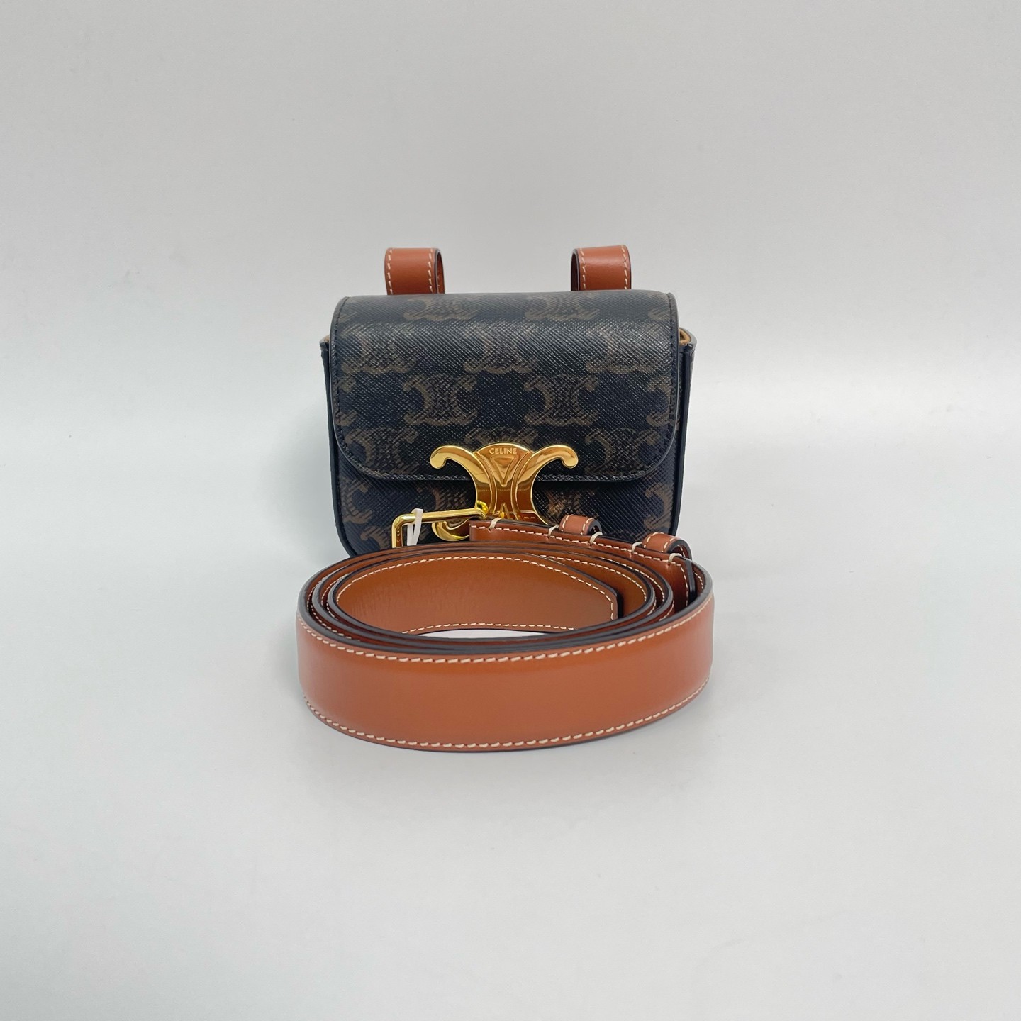 Auth CELINE Triomphe Mini Claude Belt Bag Brown Monogram Canvas Gold Hardware