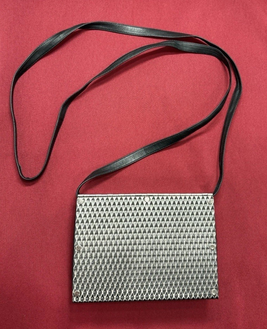 Wendy Stevens Stainless Steel Mini Crossbody Bag With Black Leather Side Gussets