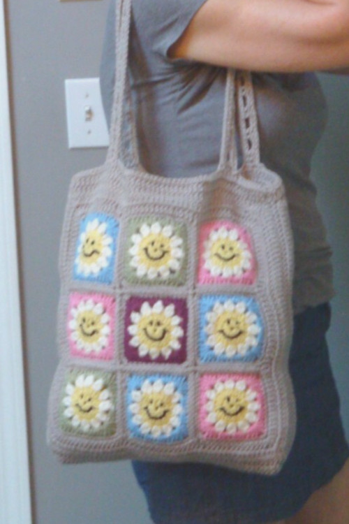 CROCHET KNIT Granny Square Tote Handbag Shoulder Smiley Daisy Boho Hippie Purse